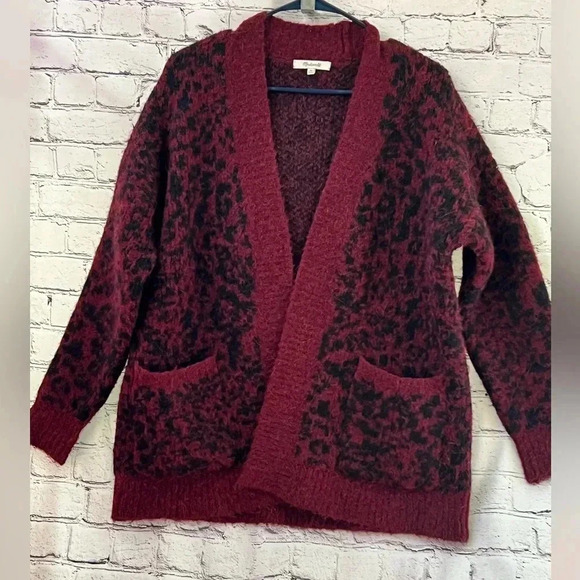 Madewell Alpaca Merino Wool Burgundy Animal Print Open Front Cardigan Oversized - Picture 3 of 6